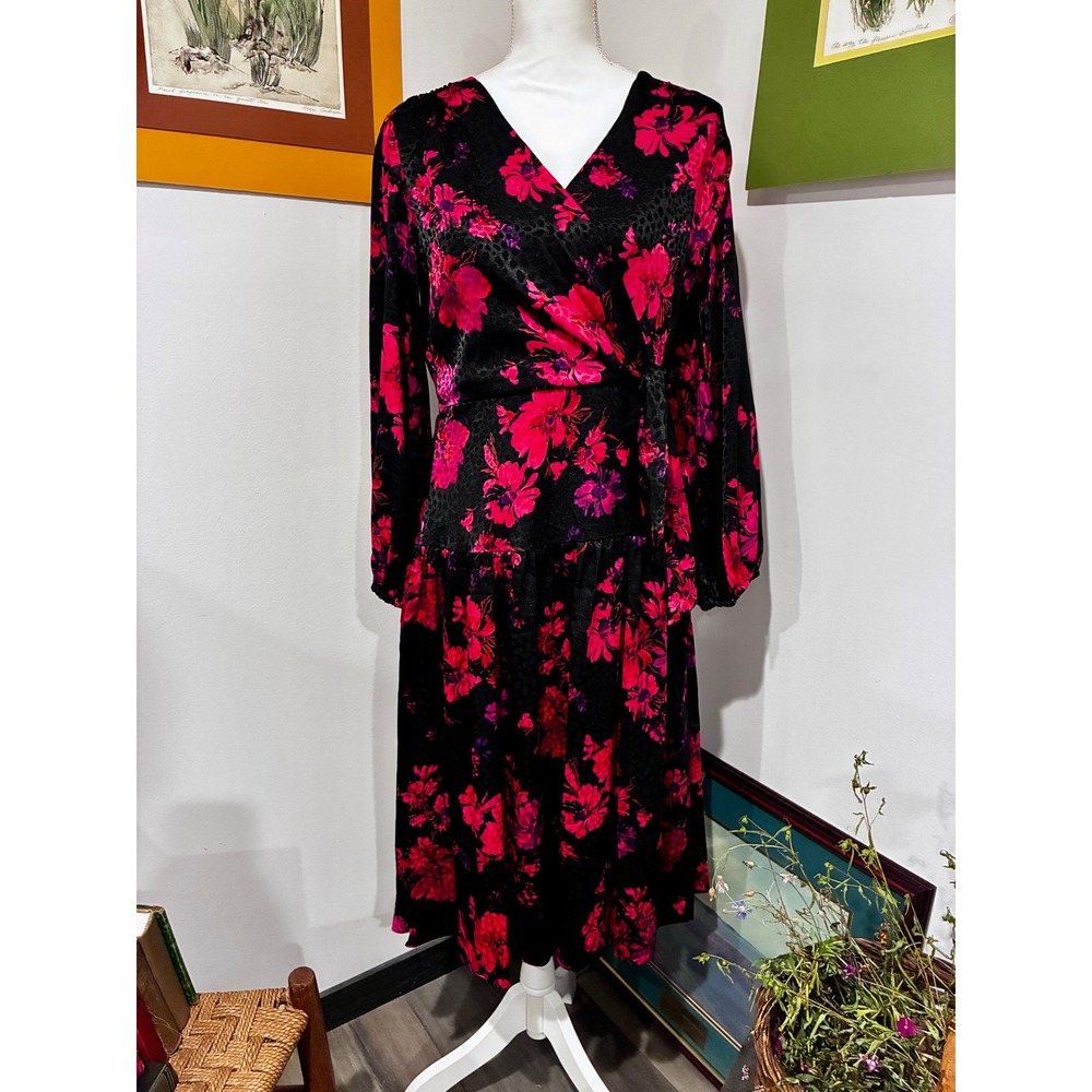 Floral Midi Dress Size 10 Black Red Wrap Style Long Sleeve Romantic